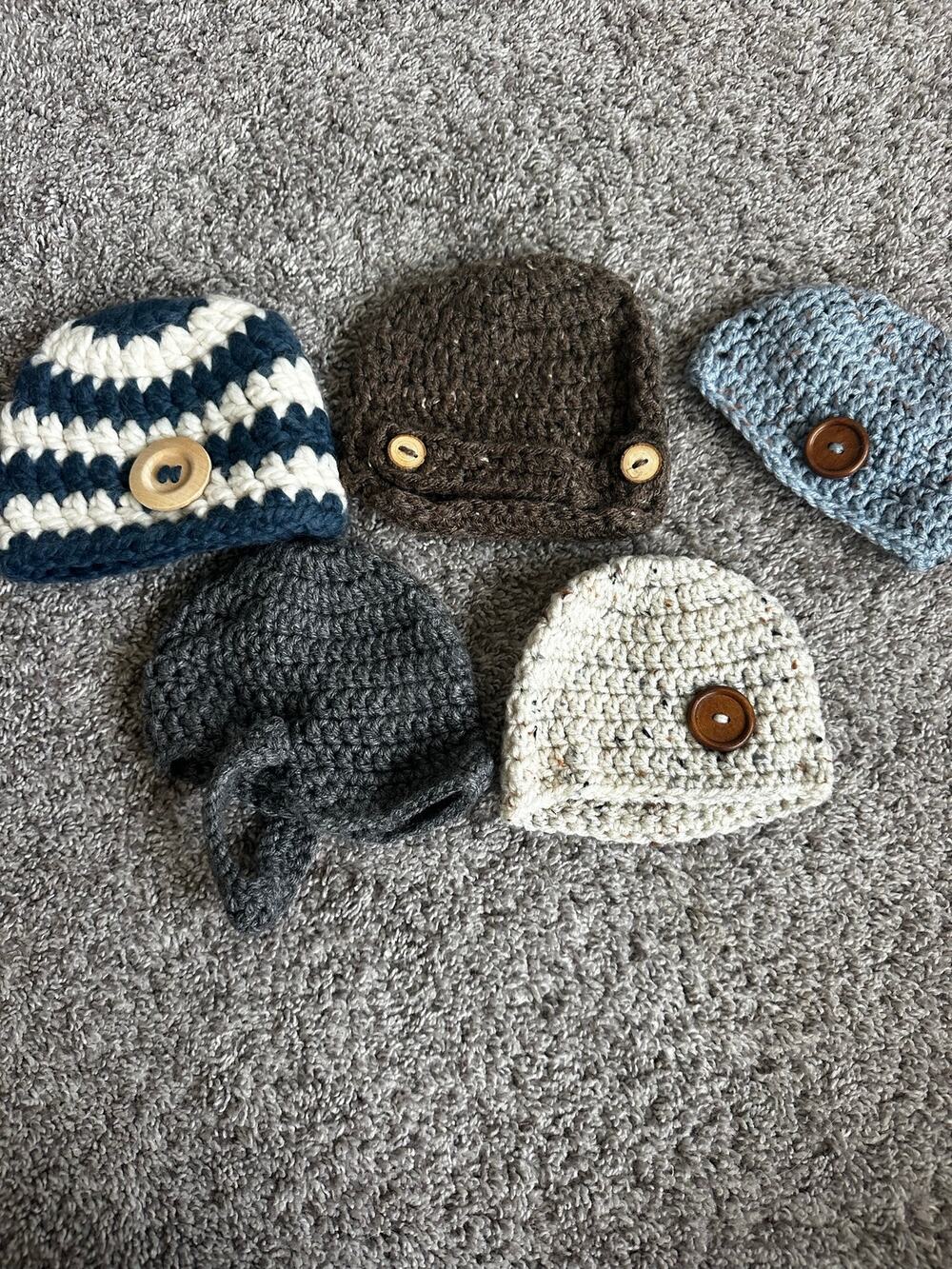 Handmade Crochet Baby Beanie Hats Lot of 5 - Neutral / Earth Tone 0-3M